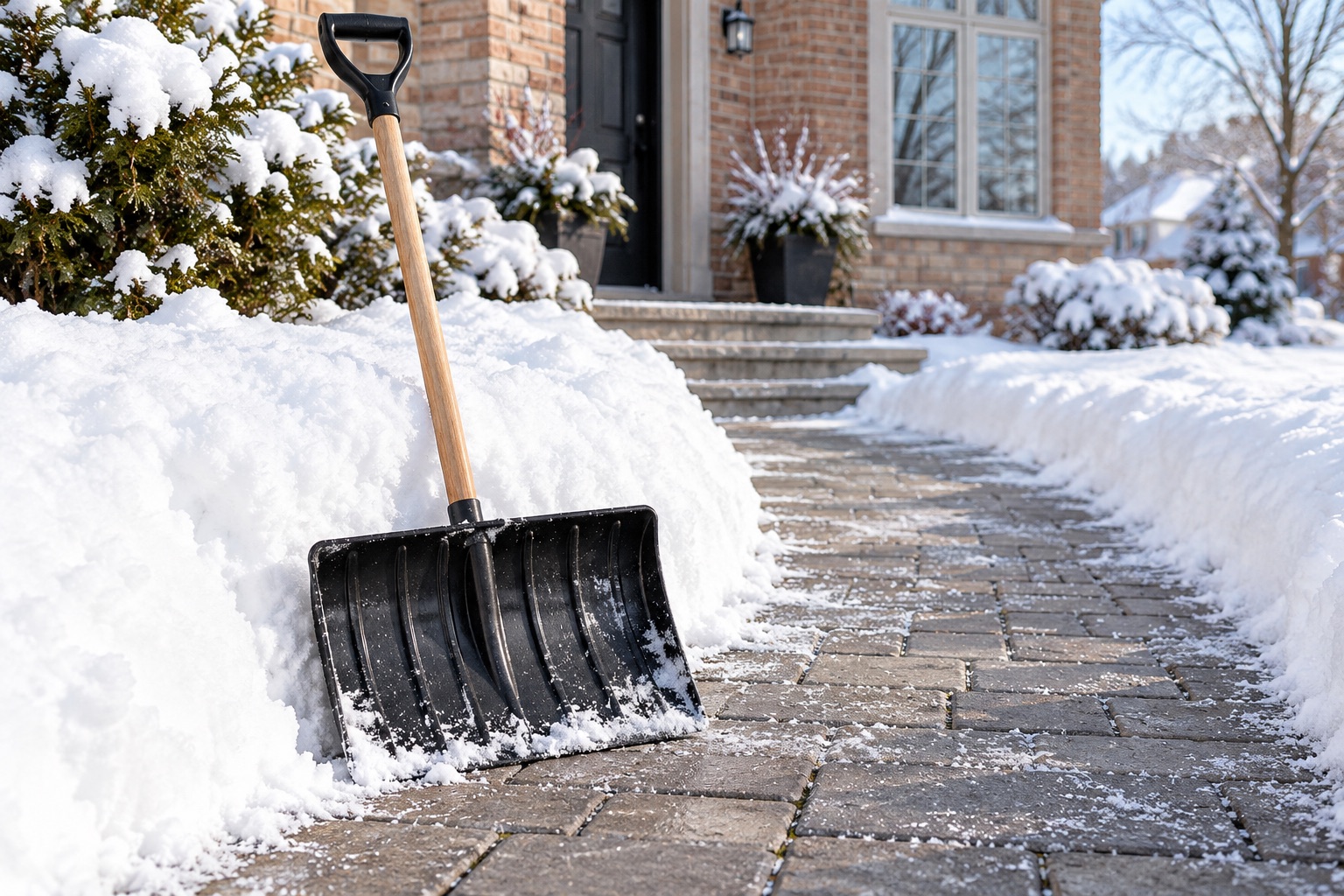 Snow shovel beside a cleared residential walkway